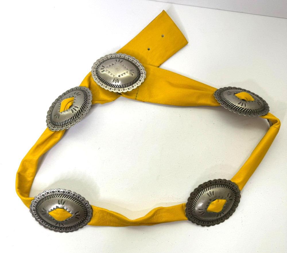 Vintage Southwestern Trinity Buckle 1983 Concho Belt Stamped Yellow Leather